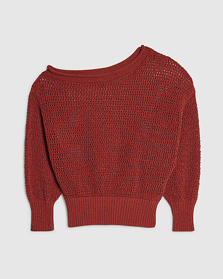Red Open Stitch Knitted Off Shoulder Top