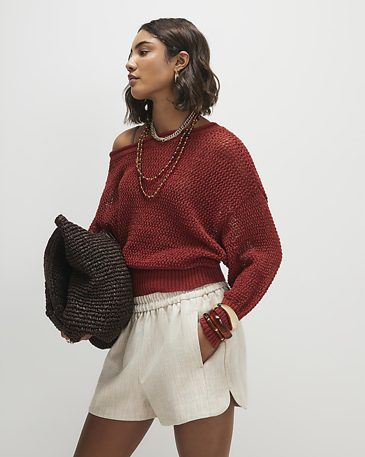 Red Open Stitch Knitted Off Shoulder Top