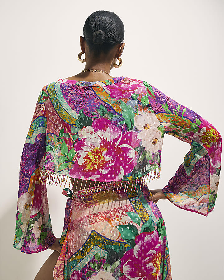 Pink Beaded Fringe Beach Crop Top