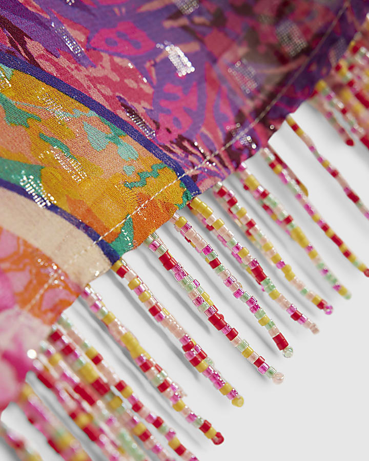 Pink Beaded Fringe Beach Crop Top