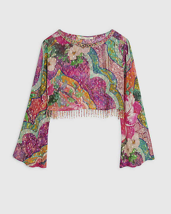 Pink Beaded Fringe Beach Crop Top