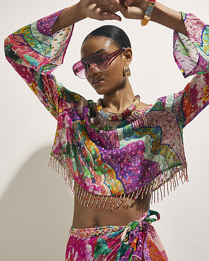 Pink Beaded Fringe Beach Crop Top