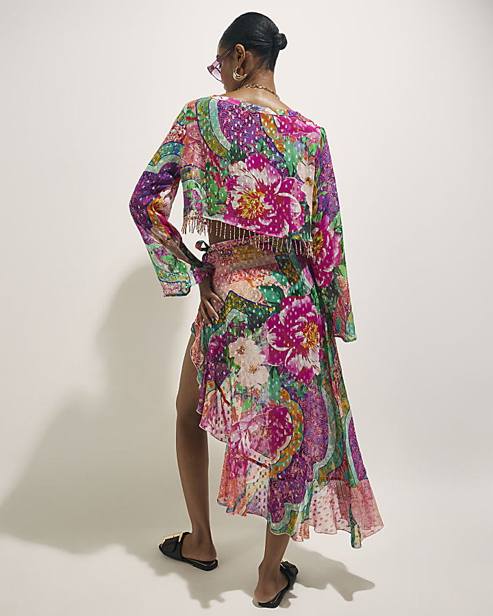 Pink Floral Printed Ruffle Beach Maxi Skirt