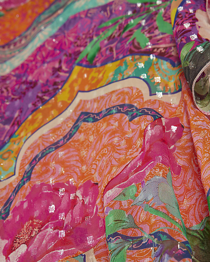 Pink Floral Printed Ruffle Beach Maxi Skirt