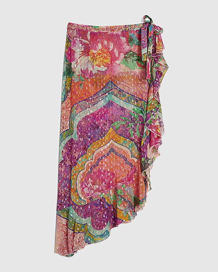 Pink Floral Printed Ruffle Beach Maxi Skirt