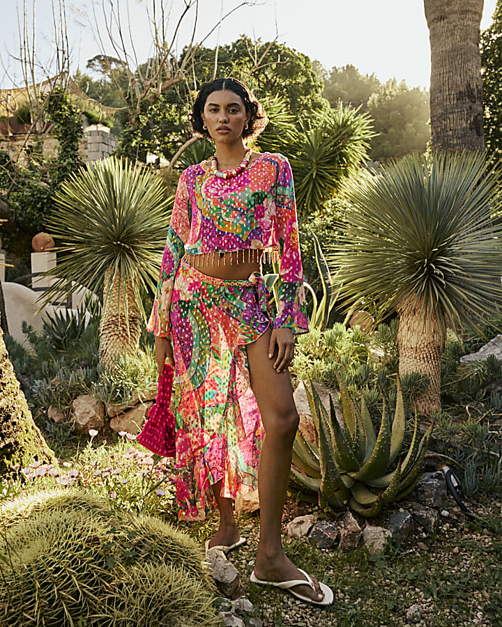 Pink Floral Printed Ruffle Beach Maxi Skirt