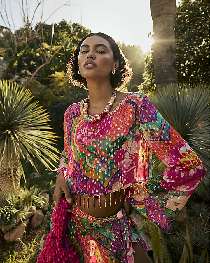 Pink Floral Printed Ruffle Beach Maxi Skirt