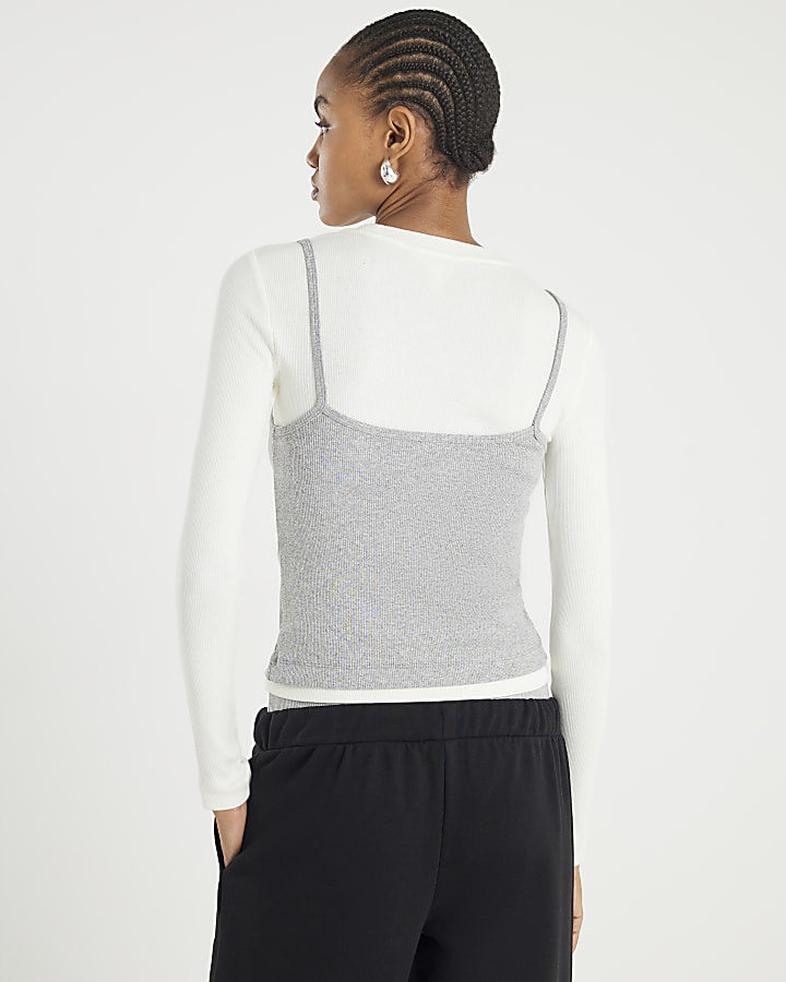 Grey Long Sleeve 2 in 1 Cami Top