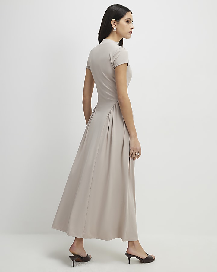 Beige Short Sleeve Fitted Waist Maxi Dress