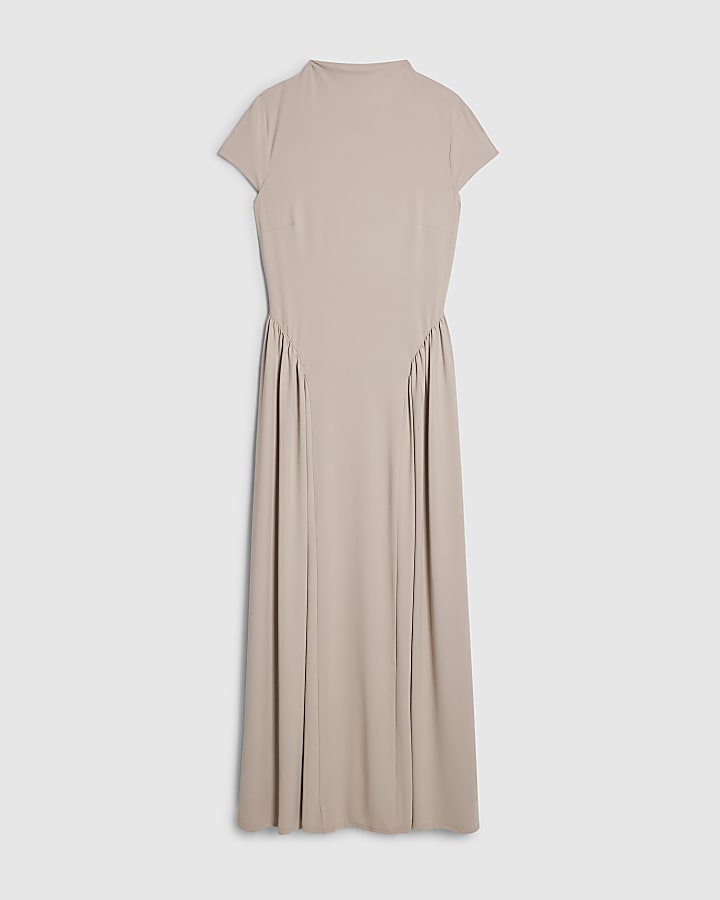 Beige Short Sleeve Fitted Waist Maxi Dress