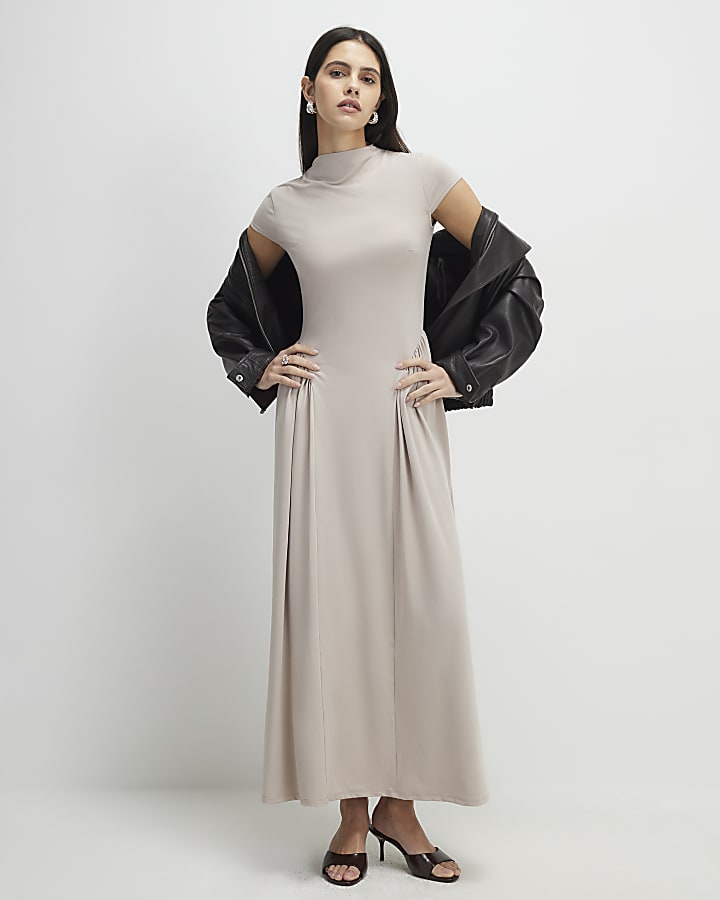 Beige Short Sleeve Fitted Waist Maxi Dress