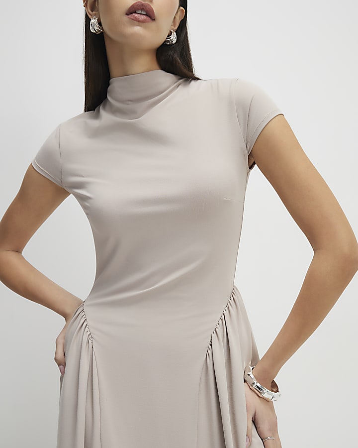 Beige Short Sleeve Fitted Waist Maxi Dress