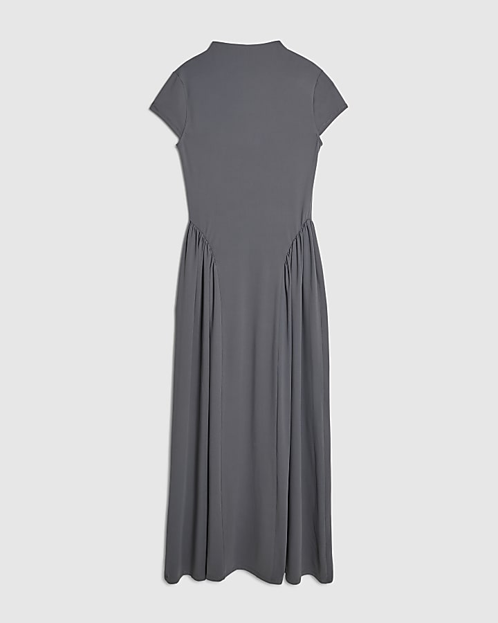 Grey Short Sleeve Fitted Waist Maxi Dress