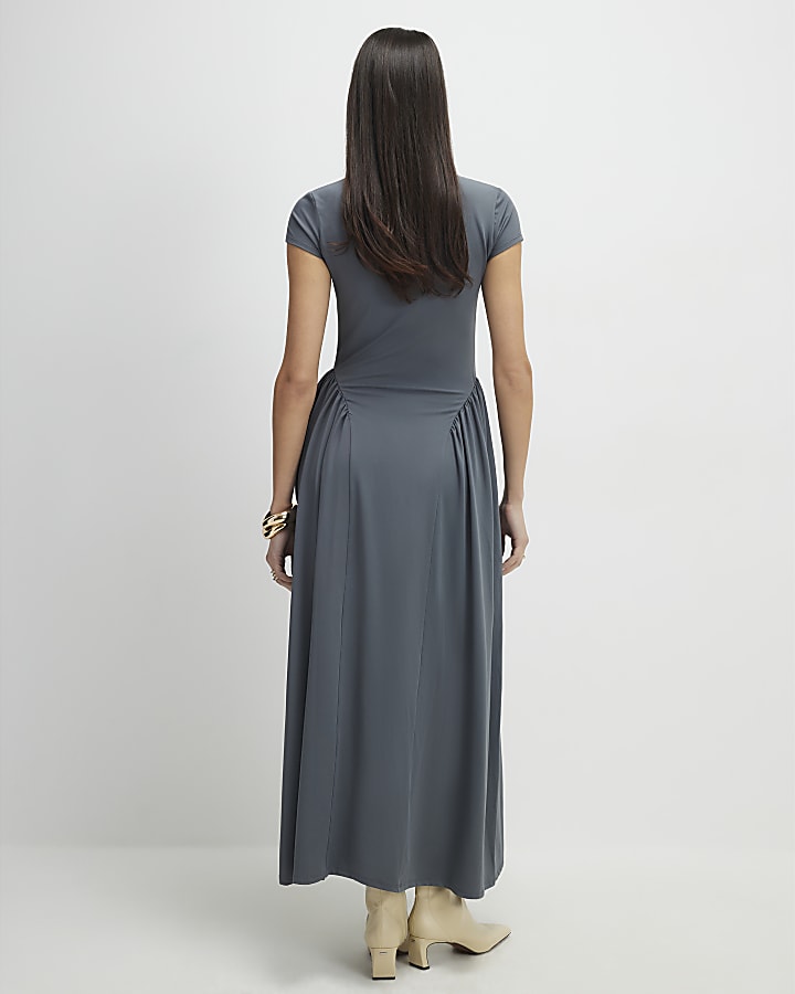 Grey Short Sleeve Fitted Waist Maxi Dress