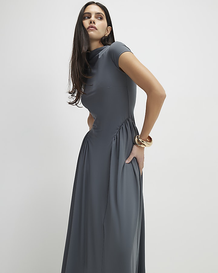 Grey Short Sleeve Fitted Waist Maxi Dress