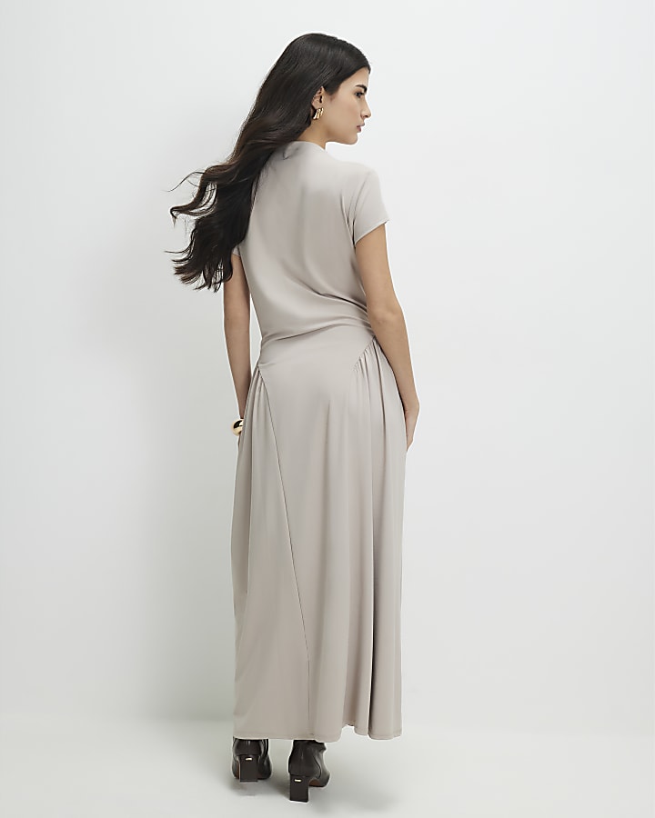 Petite Beige Fitted Waist Maxi Dress