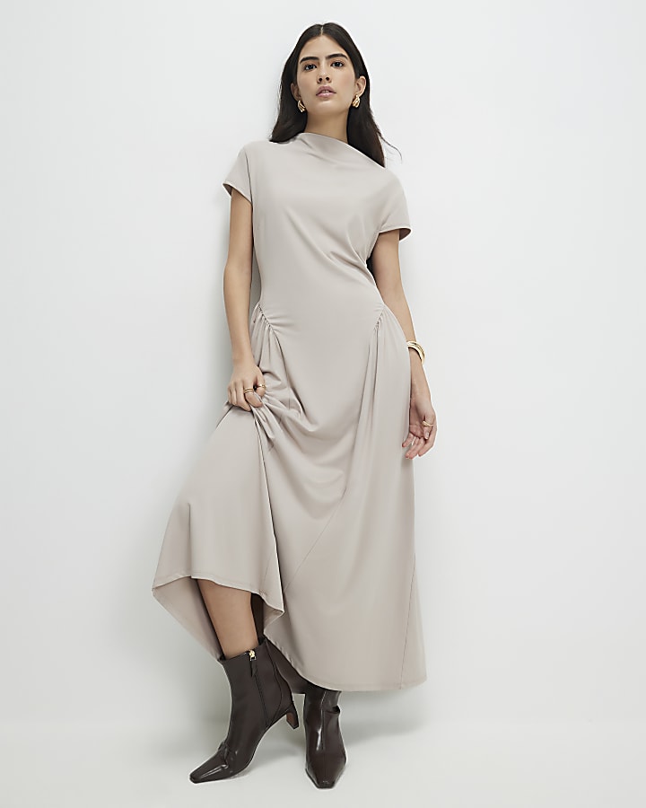 Petite Beige Fitted Waist Maxi Dress