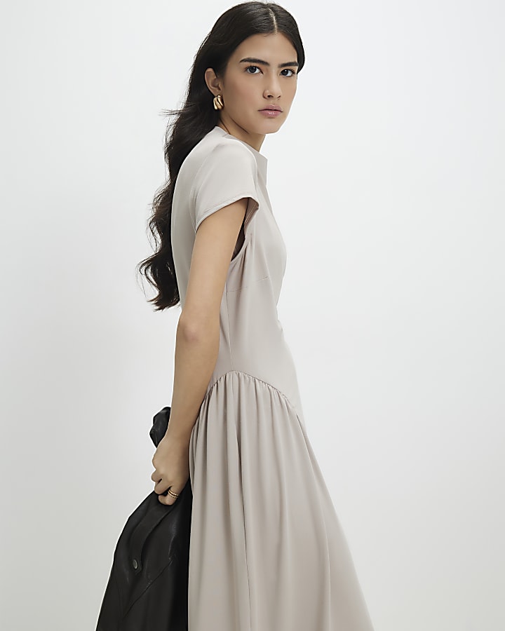 Petite Beige Fitted Waist Maxi Dress