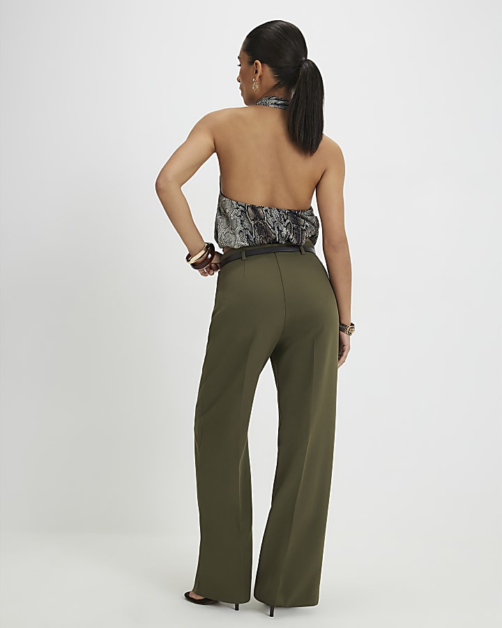 Petite Khaki Belted Straight Leg Trousers