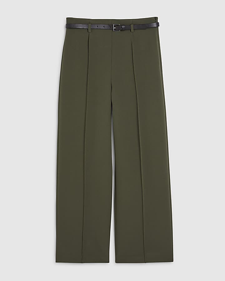 Petite Khaki Belted Straight Leg Trousers