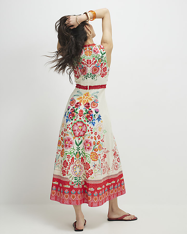 Cream Floral Print Cut Out Maxi Dress