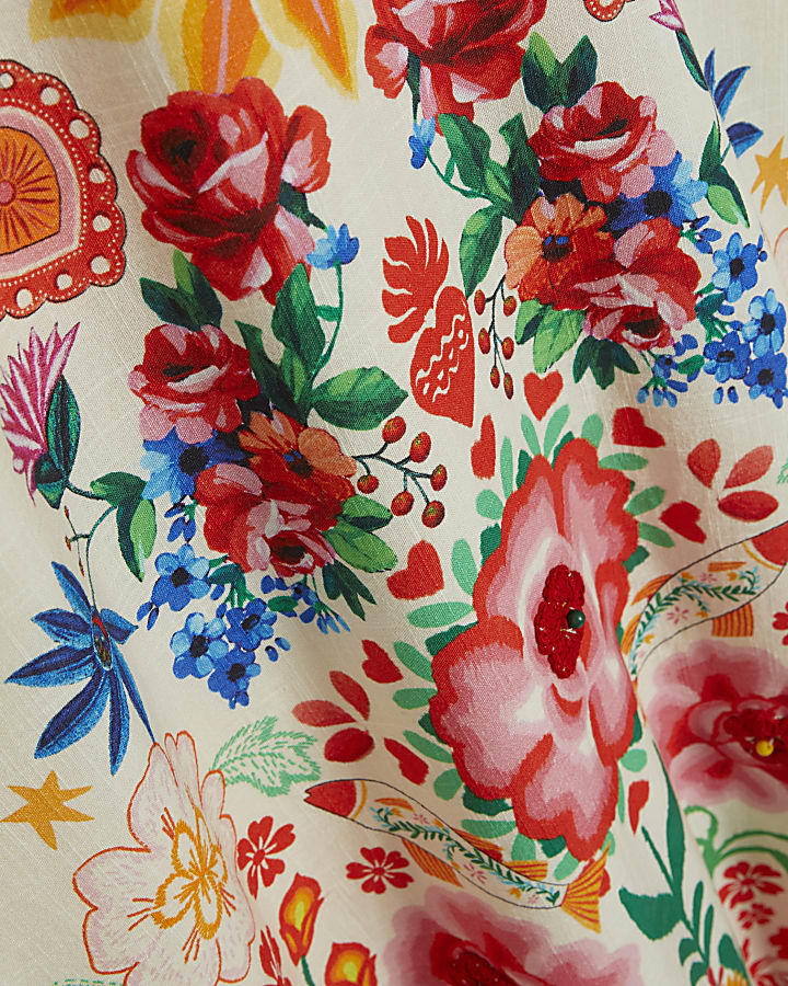 Cream Floral Print Cut Out Maxi Dress