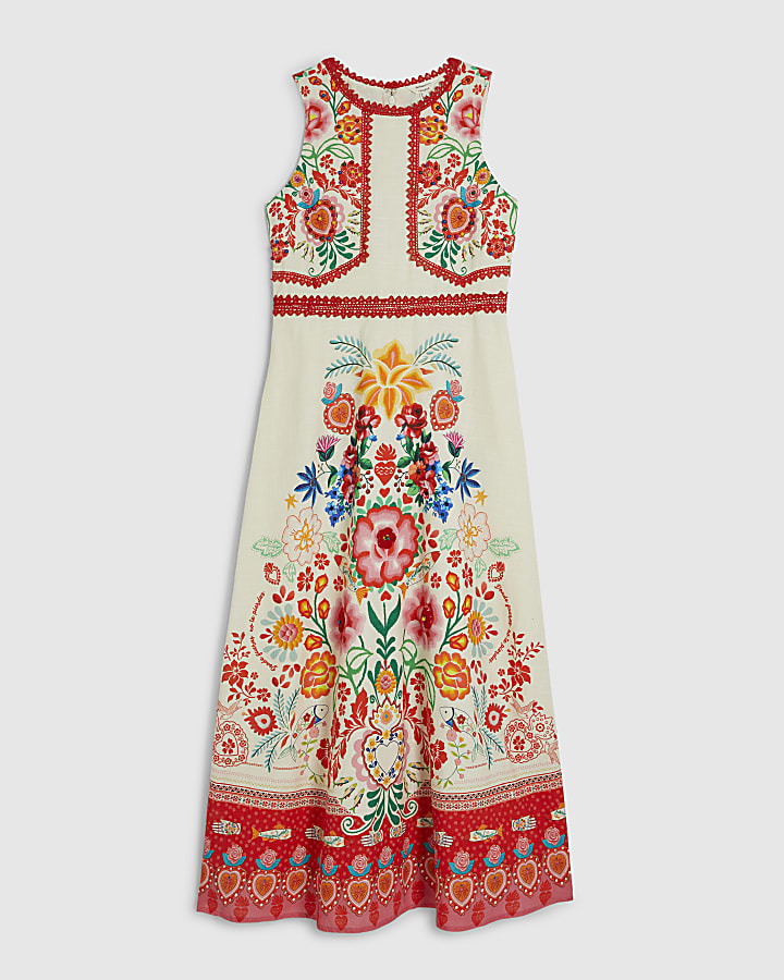 Cream Floral Print Cut Out Maxi Dress