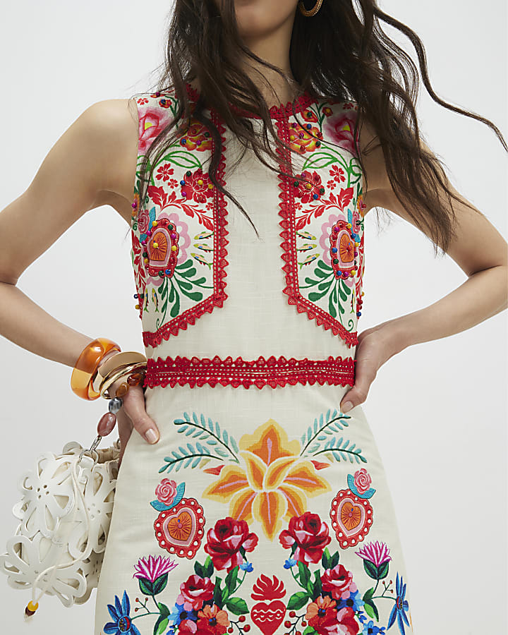 Cream Floral Print Cut Out Maxi Dress