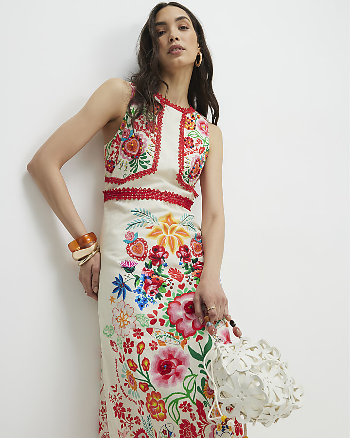 Cream Floral Print Cut Out Maxi Dress