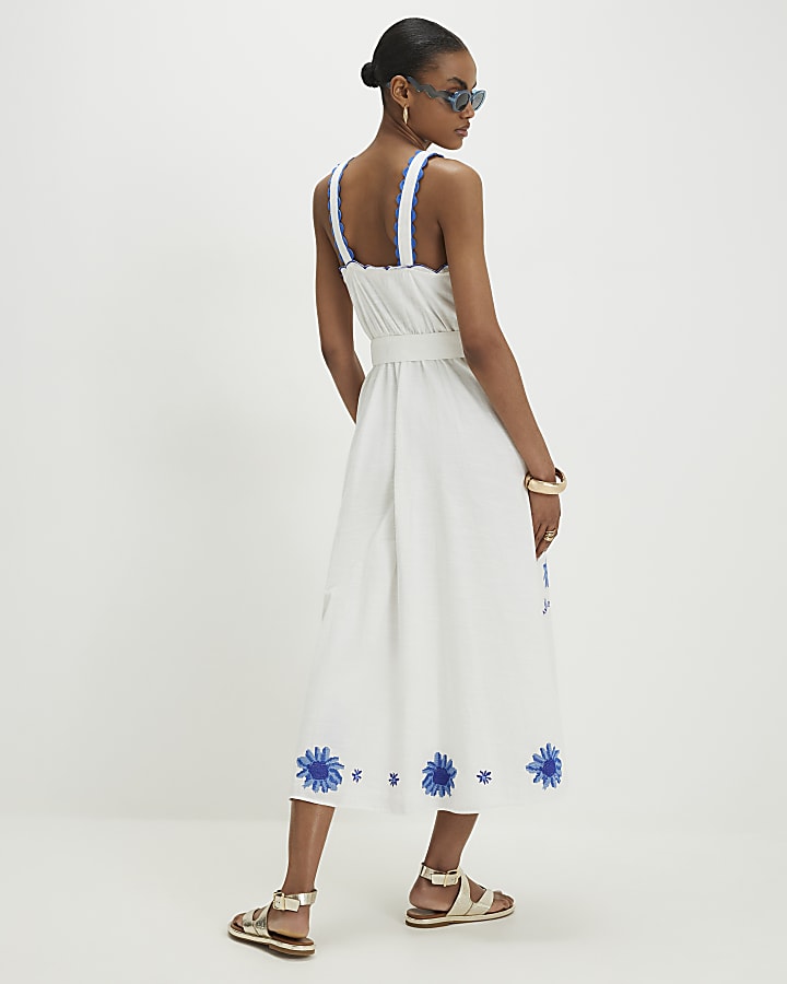 White Cotton Embroidered Floral Midi Dress