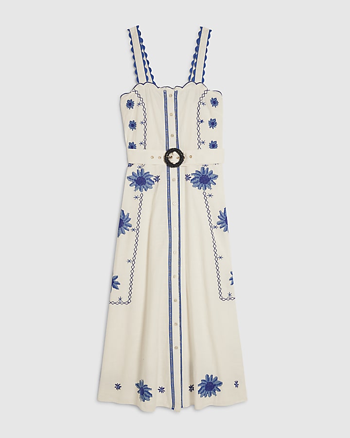 White Cotton Embroidered Floral Midi Dress