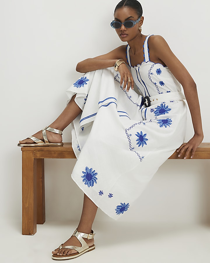 White Cotton Embroidered Floral Midi Dress