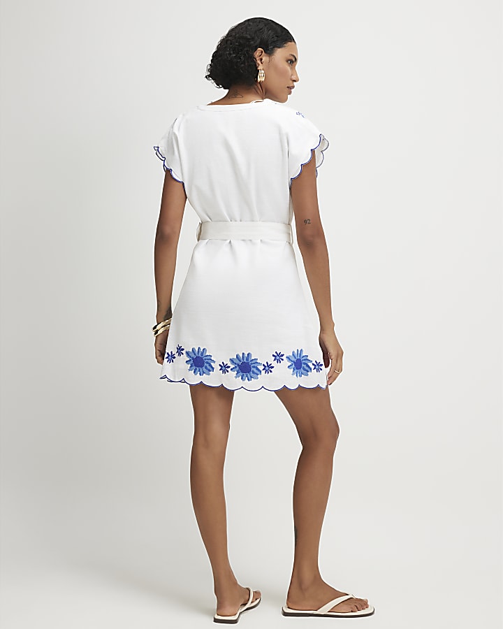 White Cotton Floral Embroidered Mini Dress