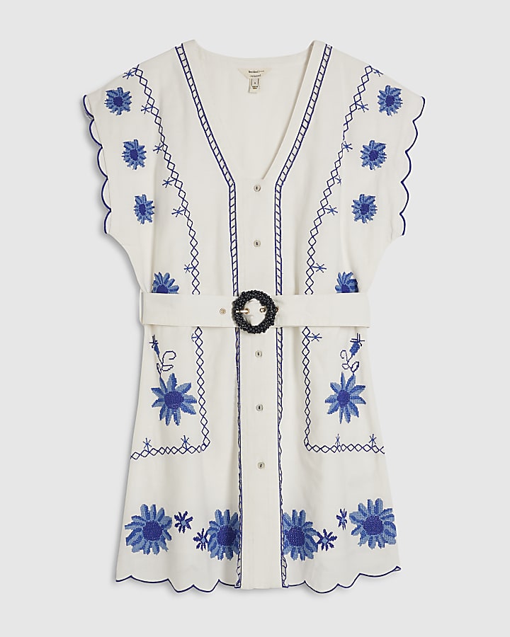 White Cotton Floral Embroidered Mini Dress