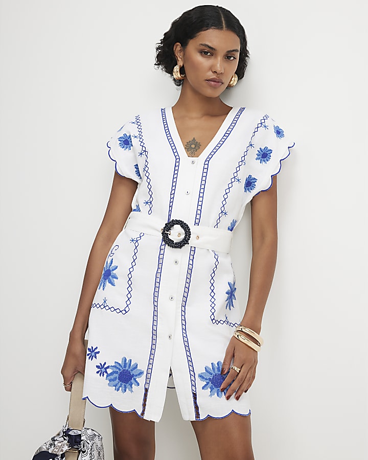 White Cotton Floral Embroidered Mini Dress