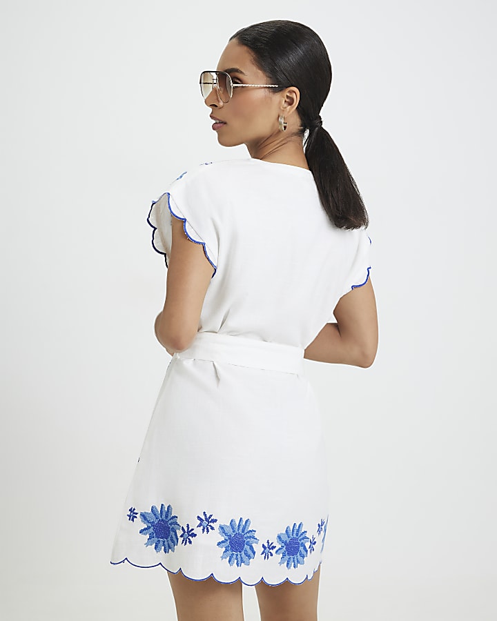 Petite White Cotton Embriodered Mini Dress