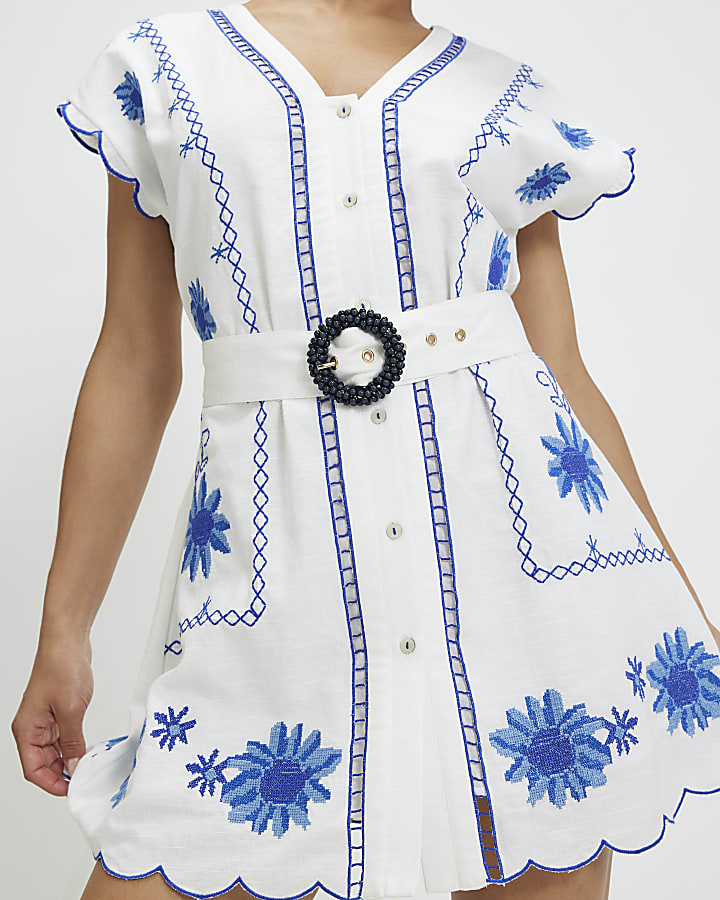 Petite White Cotton Embriodered Mini Dress