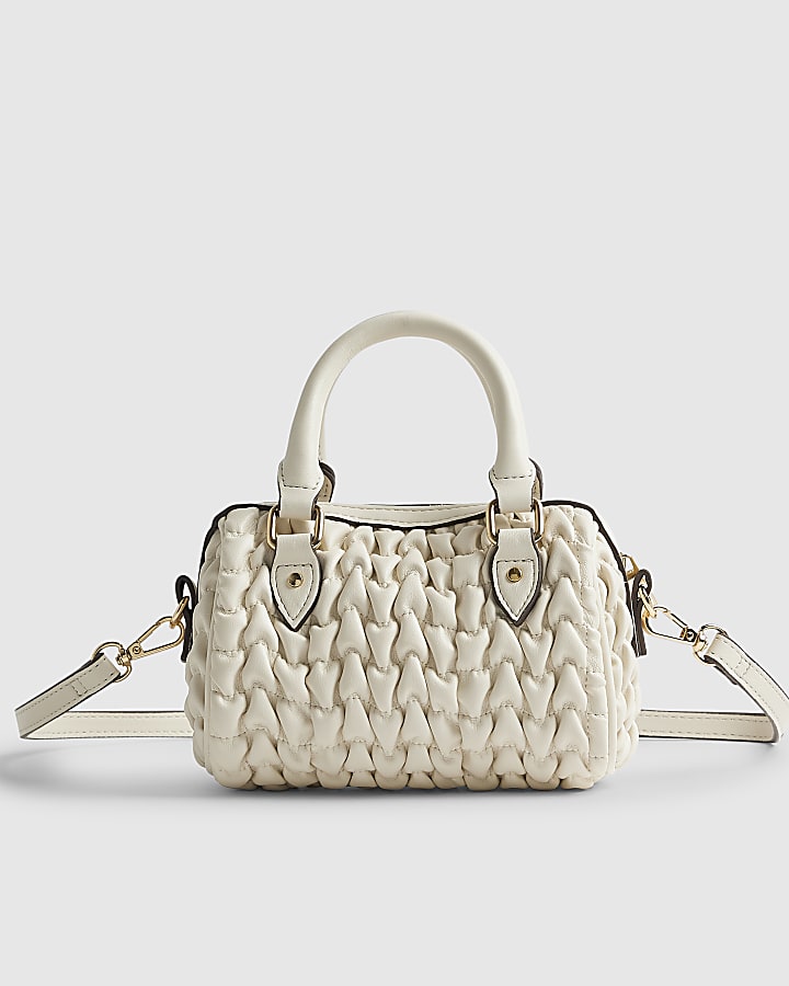 Cream Ruched Cherry Charm Mini Bowler Bag