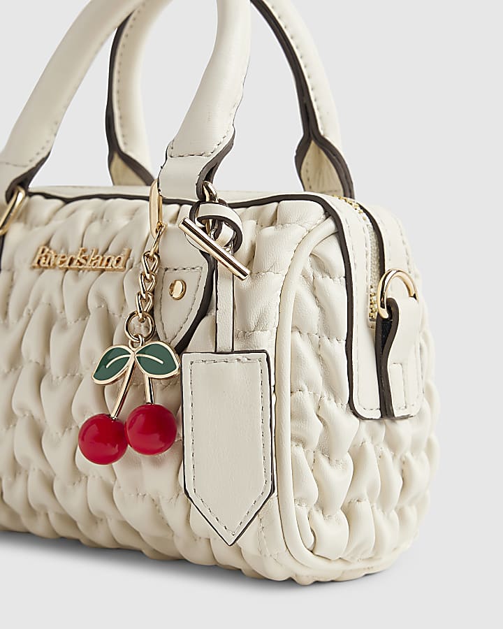Cream Ruched Cherry Charm Mini Bowler Bag