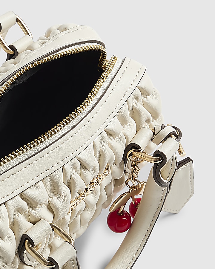 Cream Ruched Cherry Charm Mini Bowler Bag
