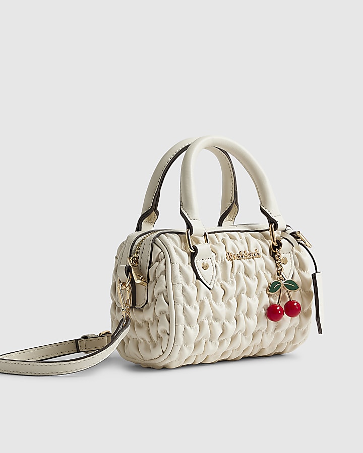 Cream Ruched Cherry Charm Mini Bowler Bag