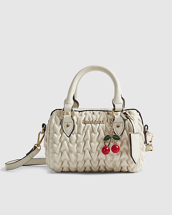 Cream Ruched Cherry Charm Mini Bowler Bag