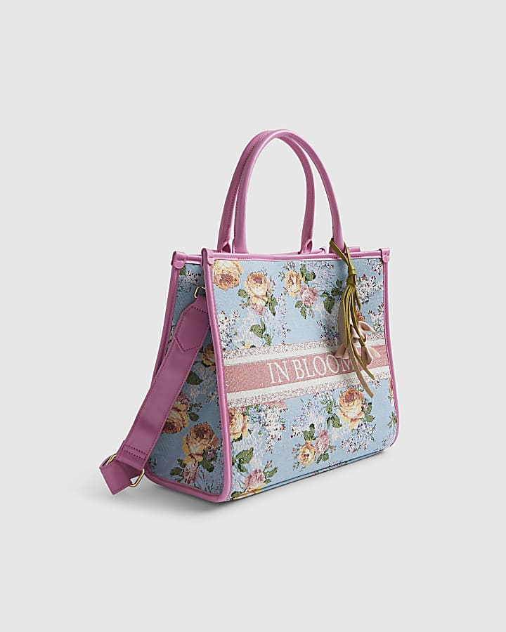 Blue Floral Jacquard Medium Tote Bag