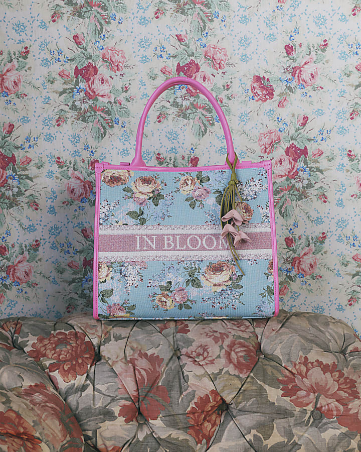 Blue Floral Jacquard Medium Tote Bag