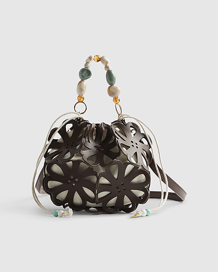 Brown Laser Cut Flower Cross Body Bag