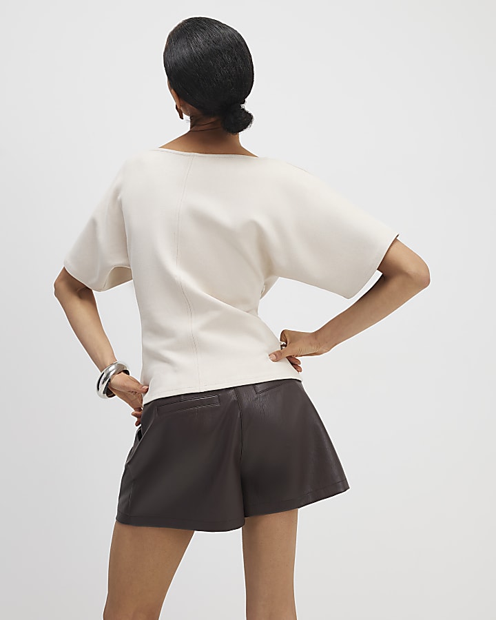 Cream Faux Suede Short Sleeve Ruched Side Top