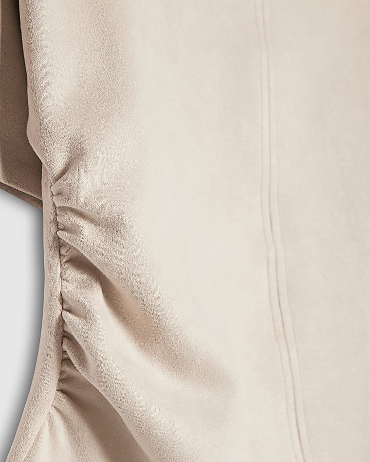 Cream Faux Suede Short Sleeve Ruched Side Top
