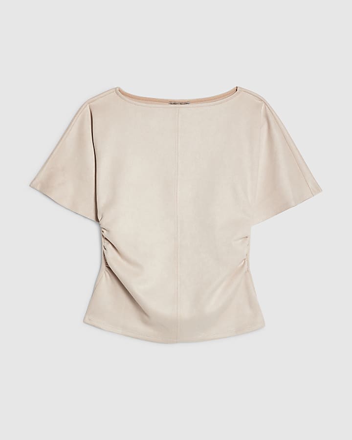 Cream Faux Suede Short Sleeve Ruched Side Top
