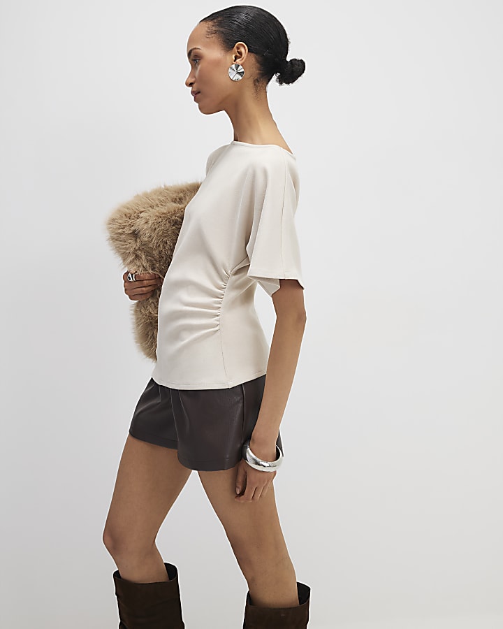 Cream Faux Suede Short Sleeve Ruched Side Top