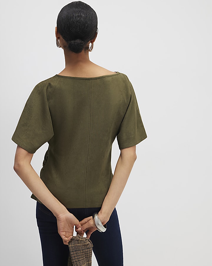 Khaki Faux Suede Short Sleeve Ruched Side Top